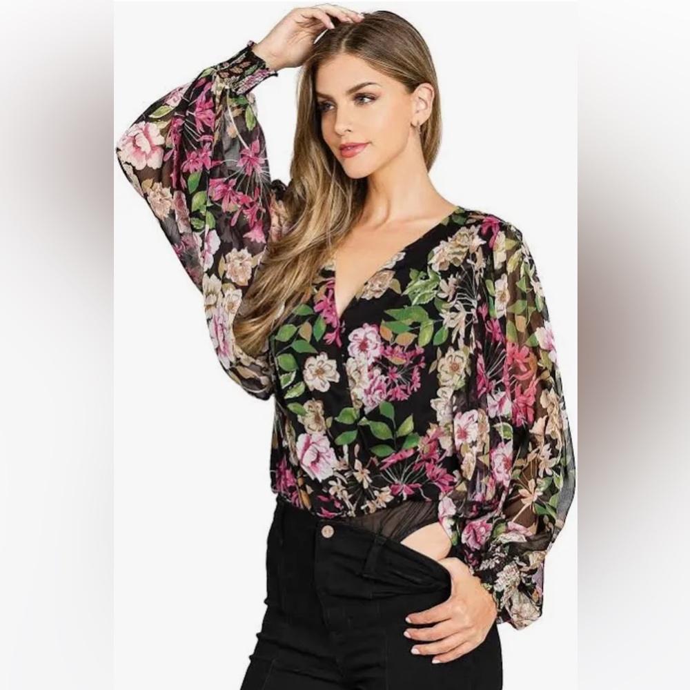 BEAUTIFUL floral chiffon body suit with balloon sleeves